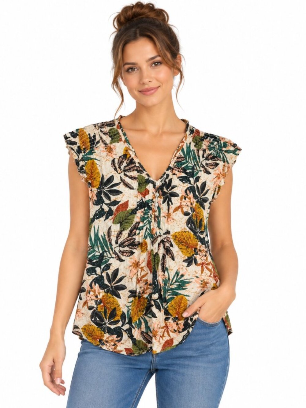 Daniel Rainn Floral Button Front Blouse Top Multicolor Short Sleeve